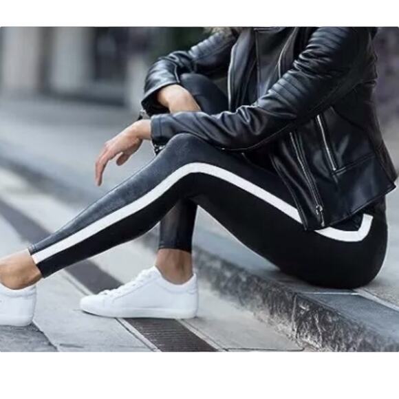 SPANX Faux Leather Leggings With Side Stripe In Very Black Women’s Size Small - Picture 2 of 14